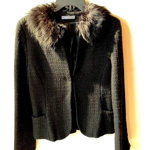 Ann Taylor Black Wool Blazer jacket fur detachable collar Size S